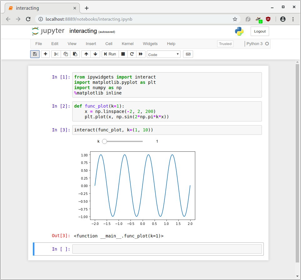 Here, a slider allows the user to interactively change the variable k in our function as we plot it.