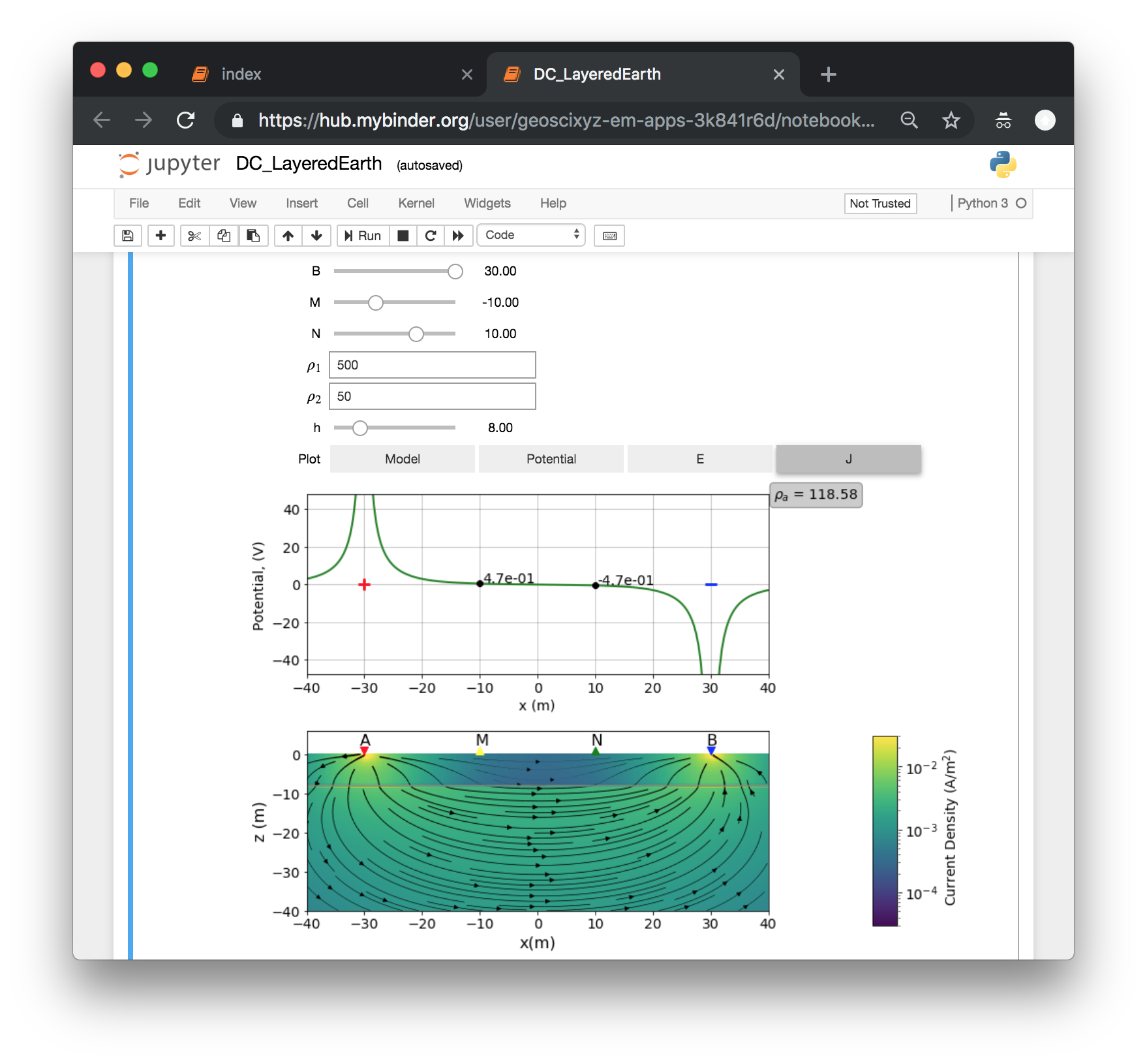 Notebook “app” for exploring the direct current resistivity experiment over a two layer earth (https://em.geosci.xyz/apps.html).