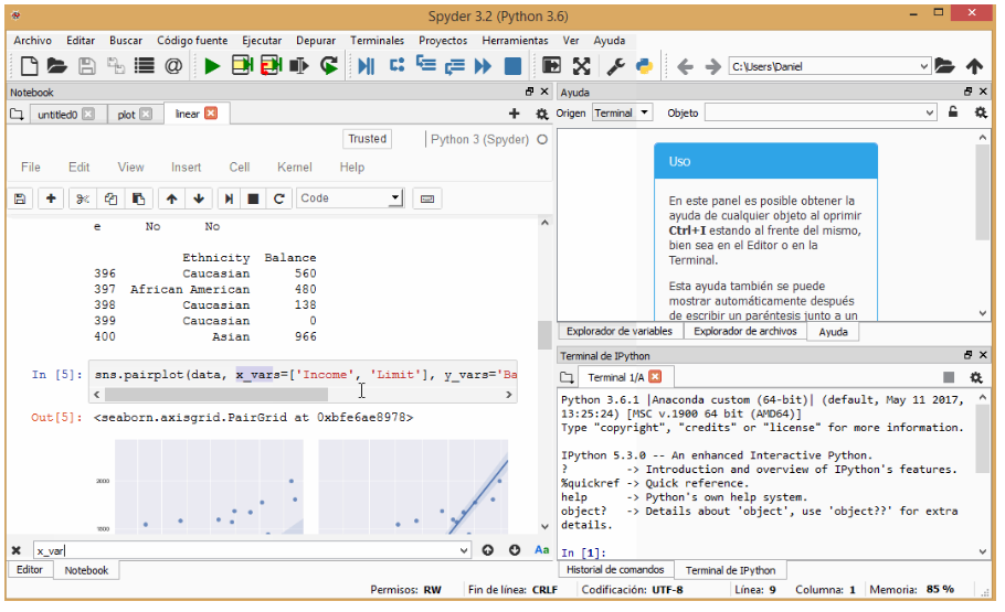 Jupyter notebook displayed in a window pane inside Spyder.