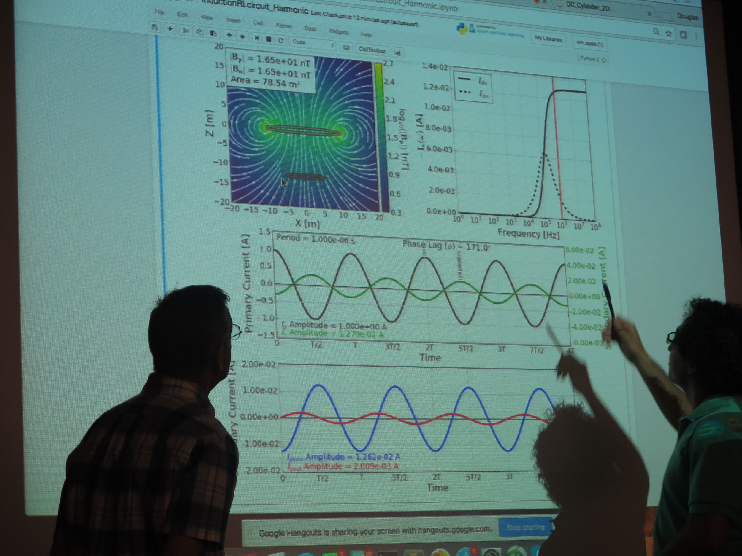 Dr. Douglas Oldenburg (left) engaging with a student during a short course on geophysical electromagnetics (https://geosci.xyz). Photo credit: Seogi Kang